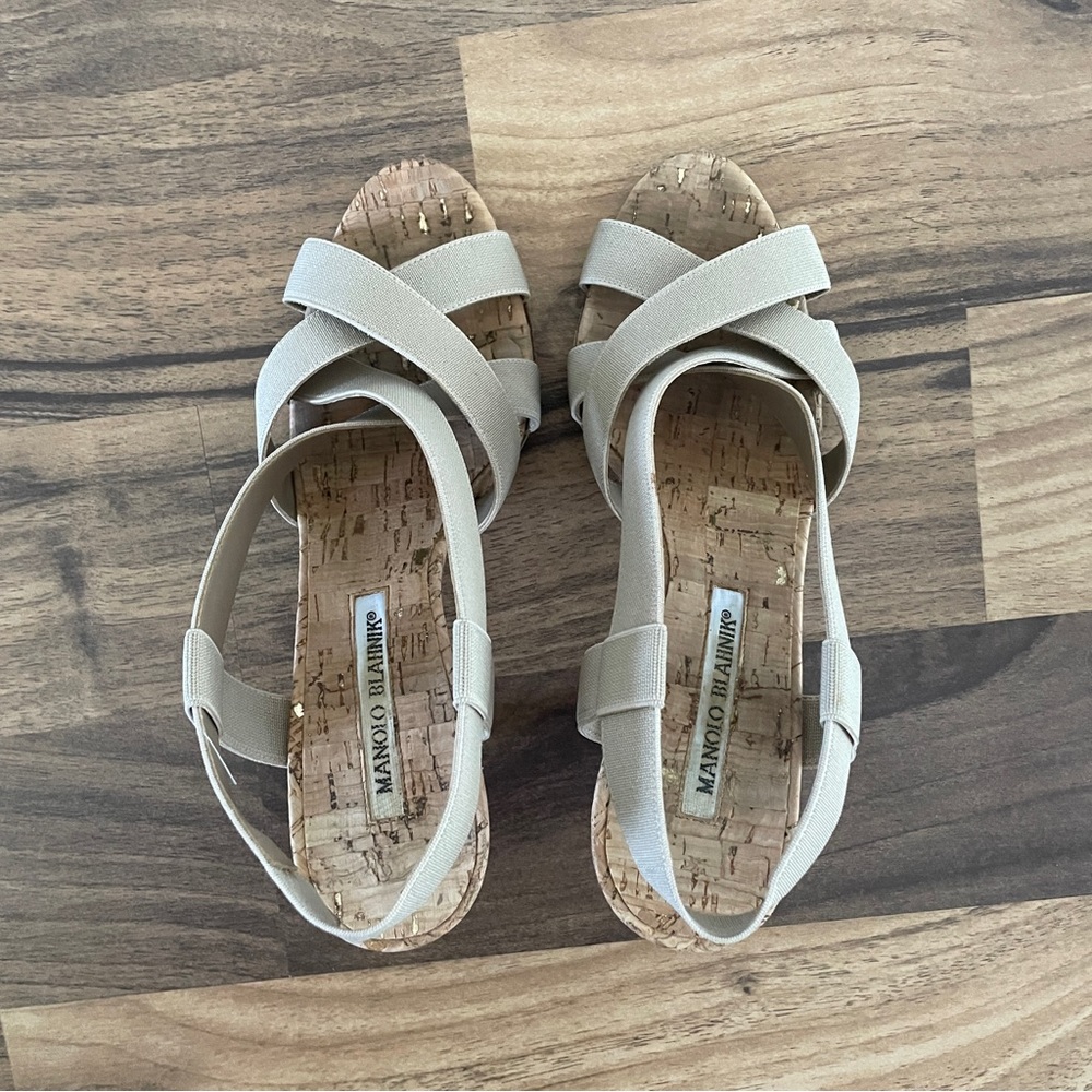 Manolo Blahnik Lasti Cork Heels Cream Neutral 6.5 - Picture 10 of 15
